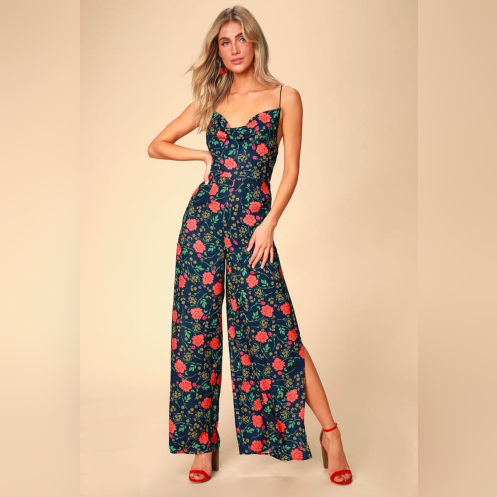 Finders Keepers Hana Navy Blue Floral Print Backless Wide-Leg Jumpsuit, size XL
